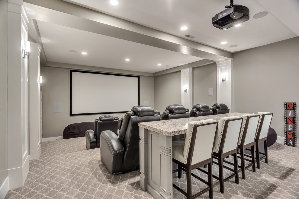 Inspiration for a large arts and crafts enclosed home theatre in Salt Lake City with grey walls, carpet, a projector screen and grey floor.