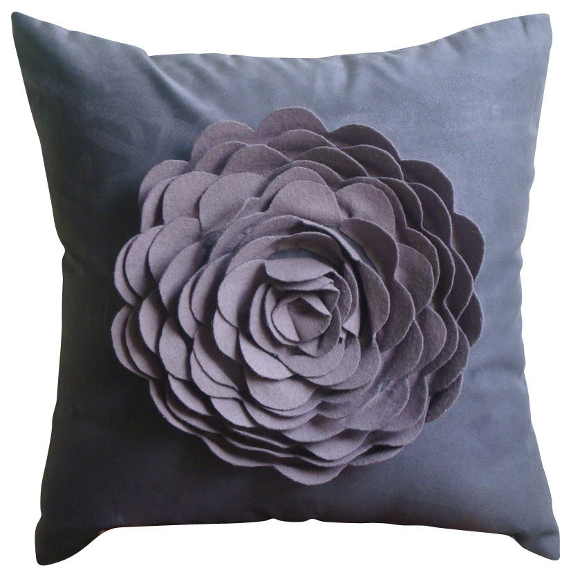 Purple Faux Suede Rose Flower Cushion Covers Plum Rose