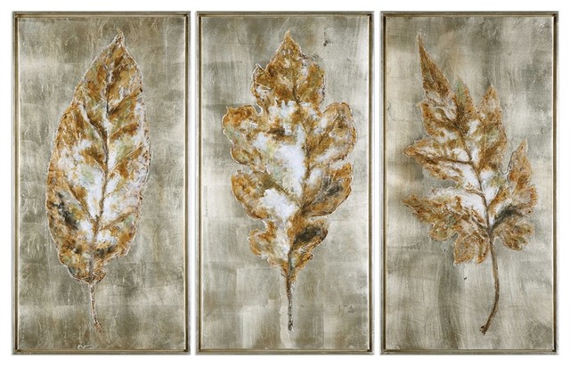 Champagne Leaves Modern Art Set Of 3 Designed By Grace Feyock Champagne Leaves Modern Art Set Of 3 Designed By Grace Feyock
