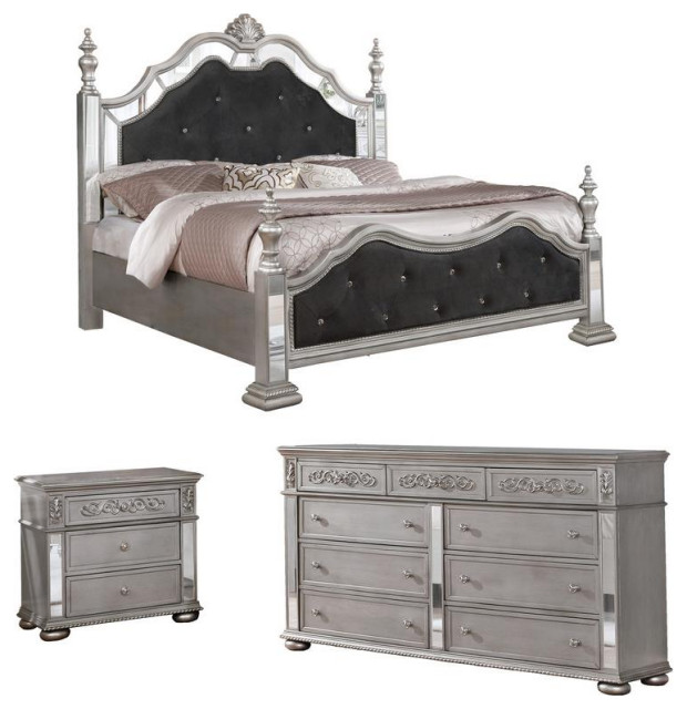 Elegant 3pc Metallic Black Velvet Bedroom Set with California King Bed