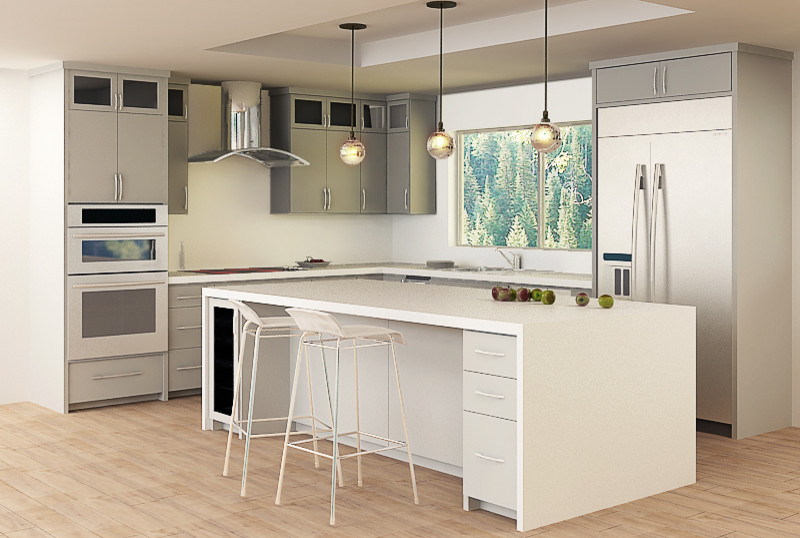 Trendy light wood floor eat-in kitchen photo in Austin with an island