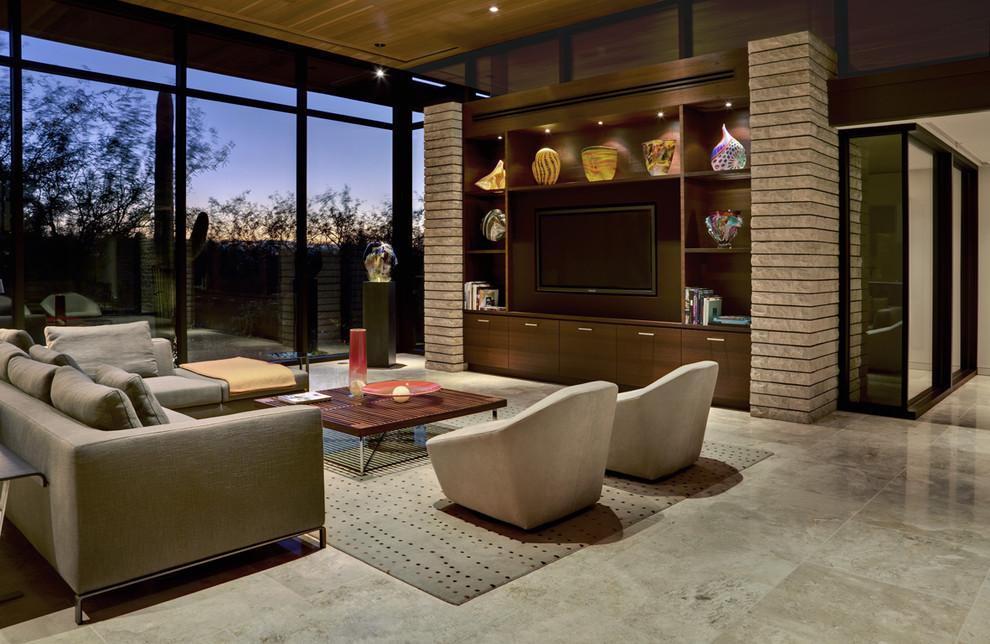 Design ideas for a large contemporary living room in Phoenix with a built-in media wall.