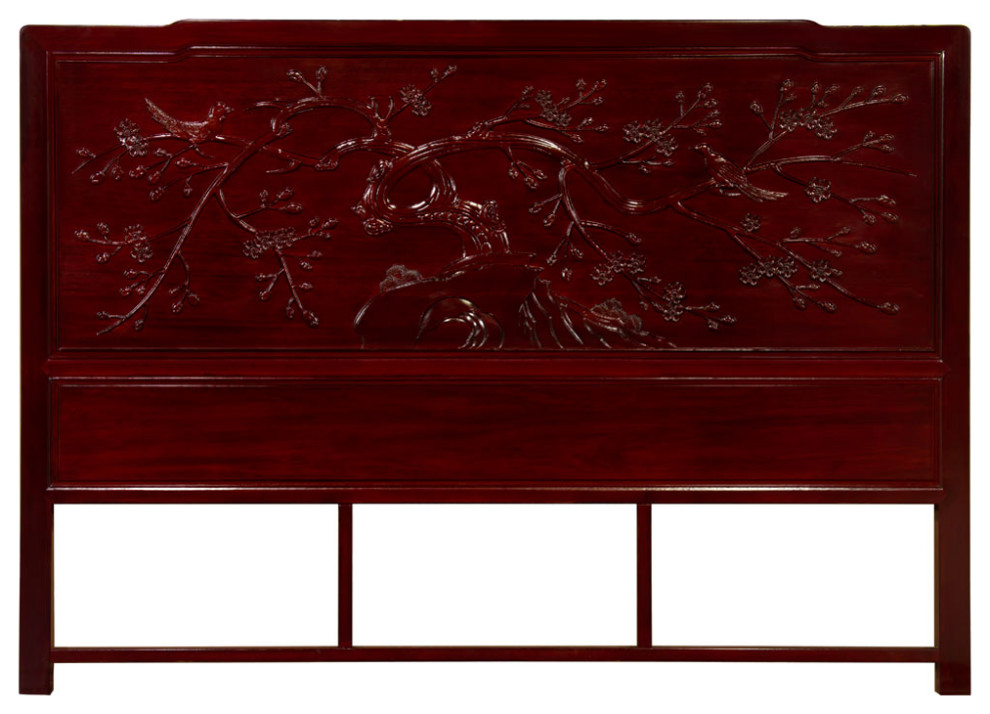 Cherry Finish King Size Rosewood Chinese Cherry Blossom Motif Headboard Asian Headboards