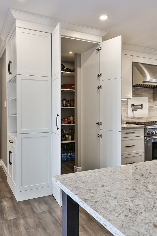 Inspiration for a large transitional medium tone wood floor and gray floor open concept kitchen remodel in Toronto with an undermount sink, shaker cabinets, white cabinets, quartz countertops, gray backsplash, marble backsplash, stainless steel appliances, an island and multicolored countertops