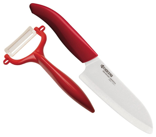 Kyocera Ceramic 2 Piece Santoku Knife And Peeler Set With Red Handles Contemporary Knife Sets By Bigkitchen