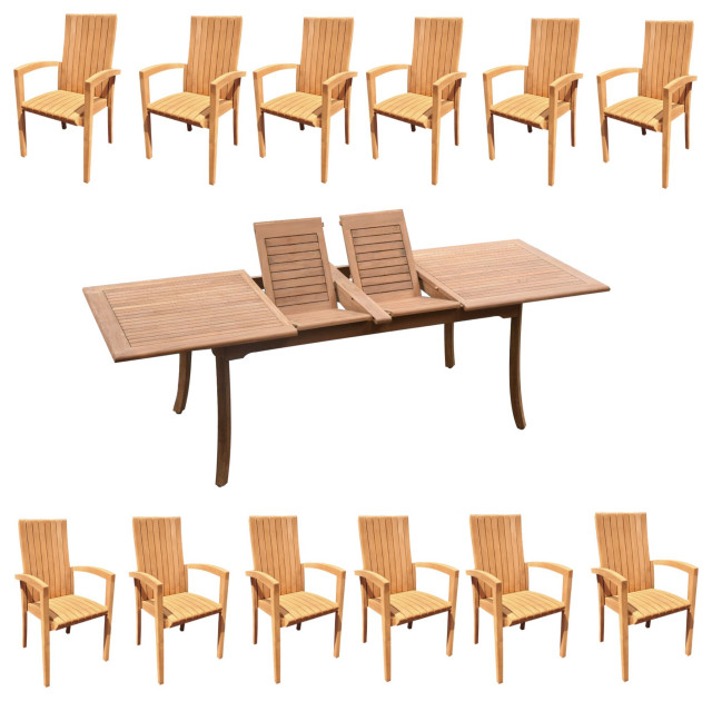 13Piece Outdoor Teak Dining Set 117" Rectangle Table, 12 Goa Stacking