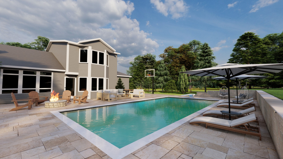 This is an example of a mid-sized modern backyard rectangular pool in DC Metro with with a pool and brick pavers.