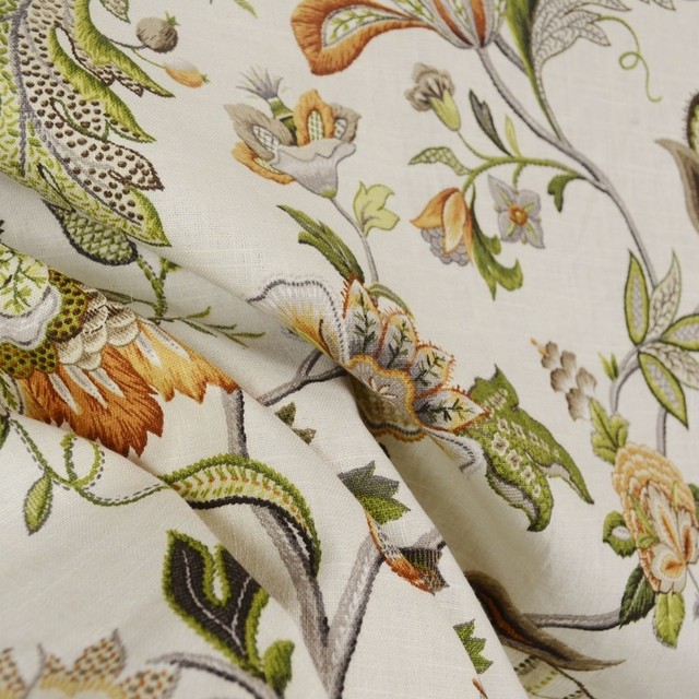 Brissac Amber Floral Jacobean Linen Fabric - Traditional - Drapery ...