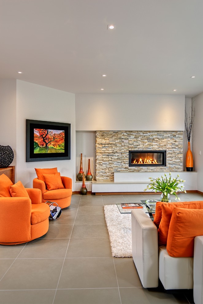 Inspiration for a mid-sized contemporary open concept living room in Other with white walls, a ribbon fireplace, a stone fireplace surround, porcelain floors, no tv and brown floor.