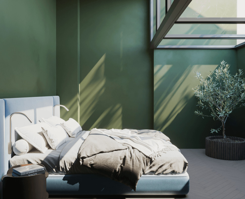 Idéer för att renovera ett litet funkis sovloft, med gröna väggar och ljust trägolv