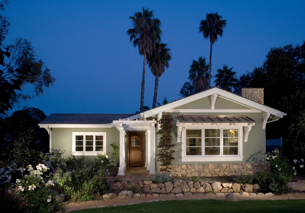 Arts and crafts green one-story exterior home photo in Santa Barbara with a shingle roof