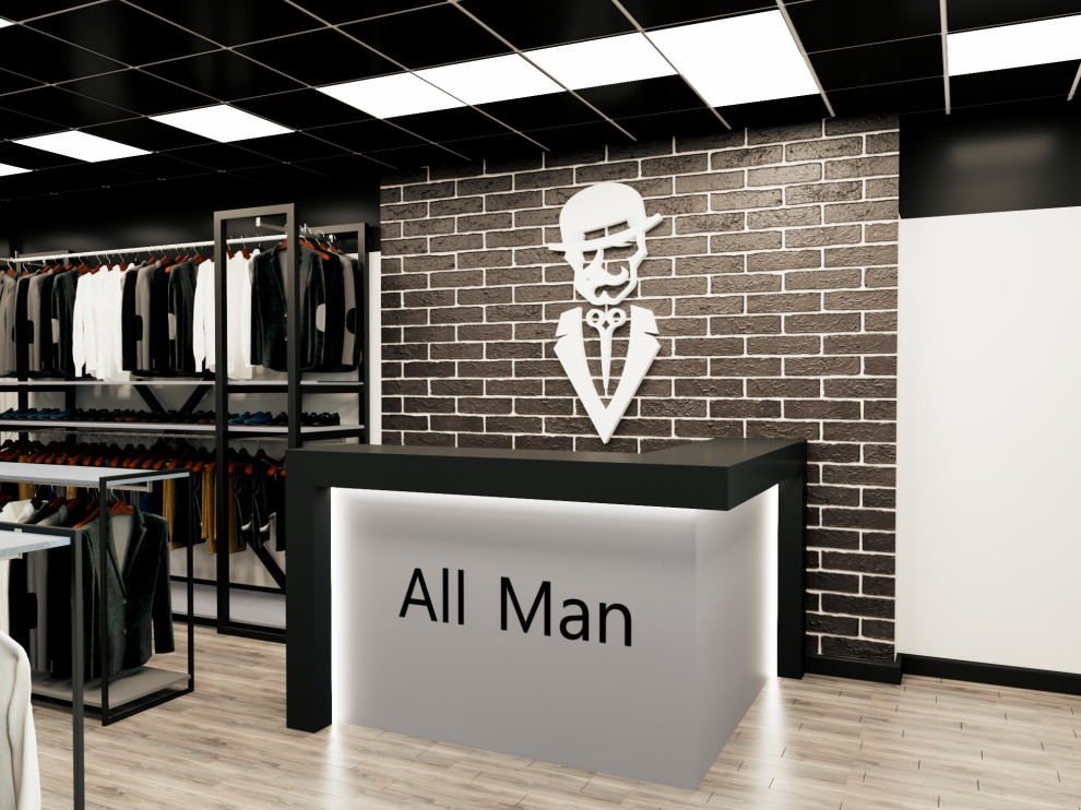 Брутальный лофт. Дизайн интерьера магазина мужской одежды и барбершопа "ALL MAN"
