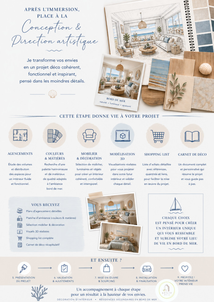 Découvrez comment la conception et direction artistique transforme votre projet déco en un intérieur harmonieux et prêt à vivre. Spécialiste des résidences secondaires en bord de mer.
