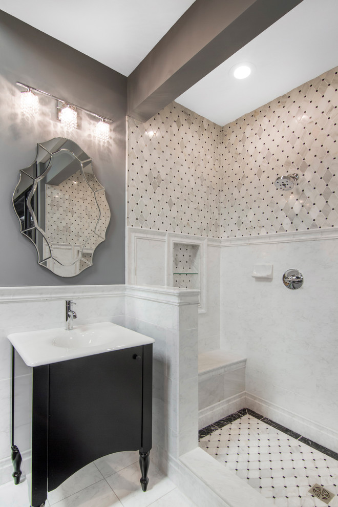 Design ideas for a traditional bathroom in Minneapolis with black cabinets, an open shower, black and white tile, stone tile, grey walls and marble floors.