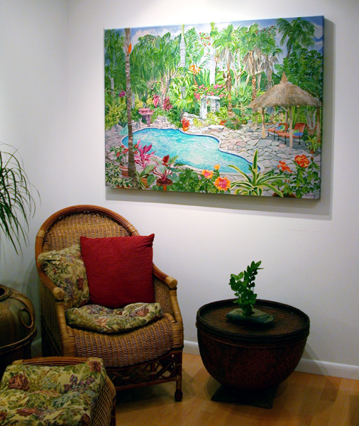 Design ideas for a large tropical living room in Miami.