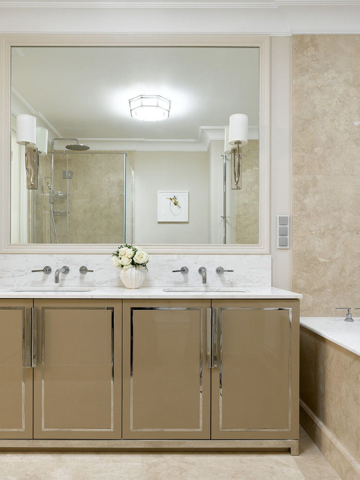 Transitional bathroom in Moscow with flat-panel cabinets, brown cabinets, beige tile, grey walls, an undermount sink, beige floor, white benchtops, a double vanity and a built-in vanity.