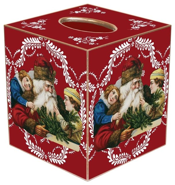 TB407Santa with children on Red Provencial Tissue Box Cover