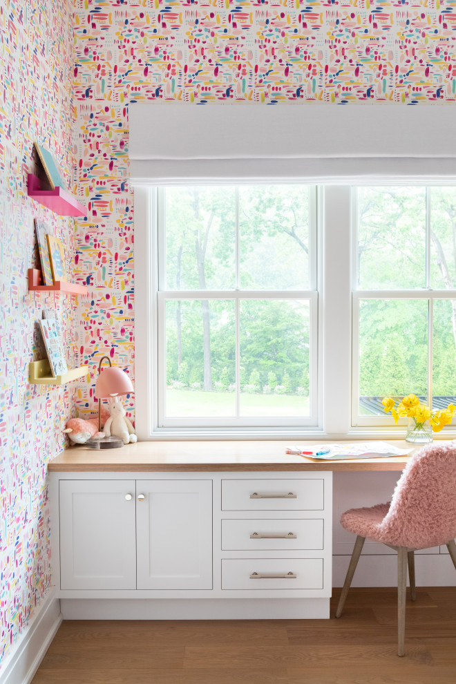 Mid-sized transitional girl light wood floor, brown floor, shiplap ceiling and wallpaper kids' room photo in New York with multicolored walls