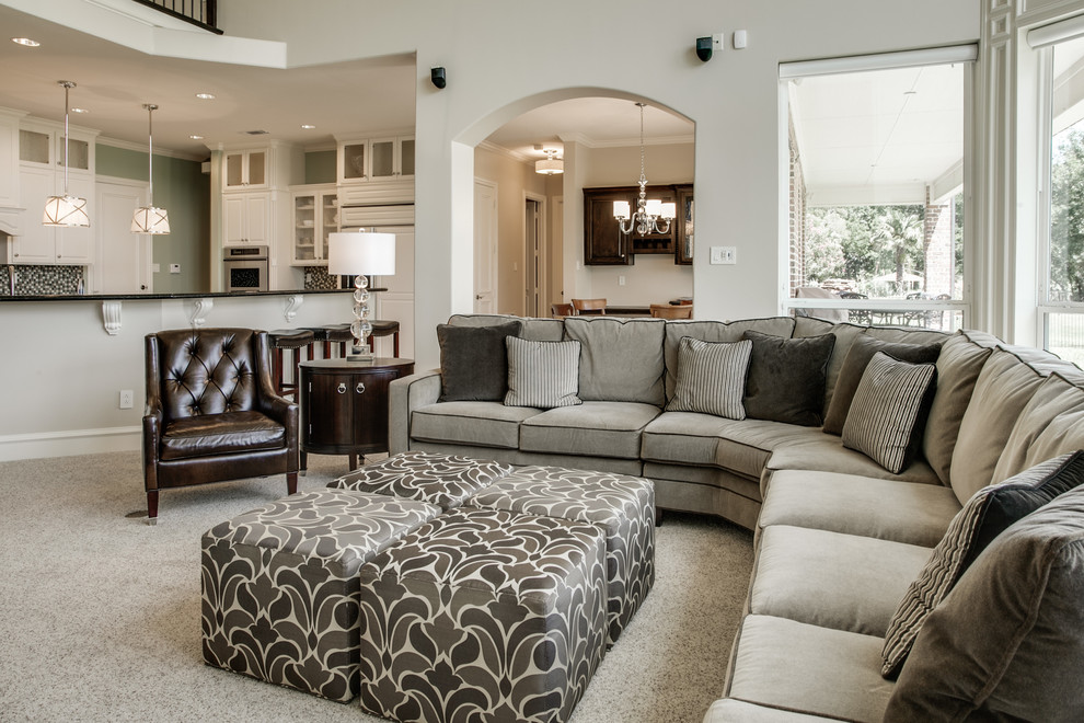 Design ideas for a transitional living room in Dallas with beige walls, carpet and a tile fireplace surround.