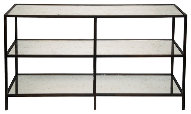 59 W Monica Sideboard 3 Tier Antique Glass Mirror Shelves Metal Antique Glass Mirror Shelves Metal