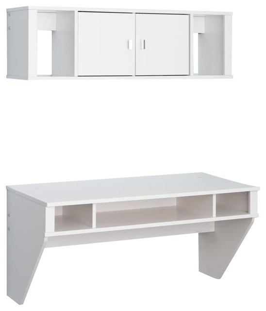 Prepac Designer Floating Desk And Hutch Set In White