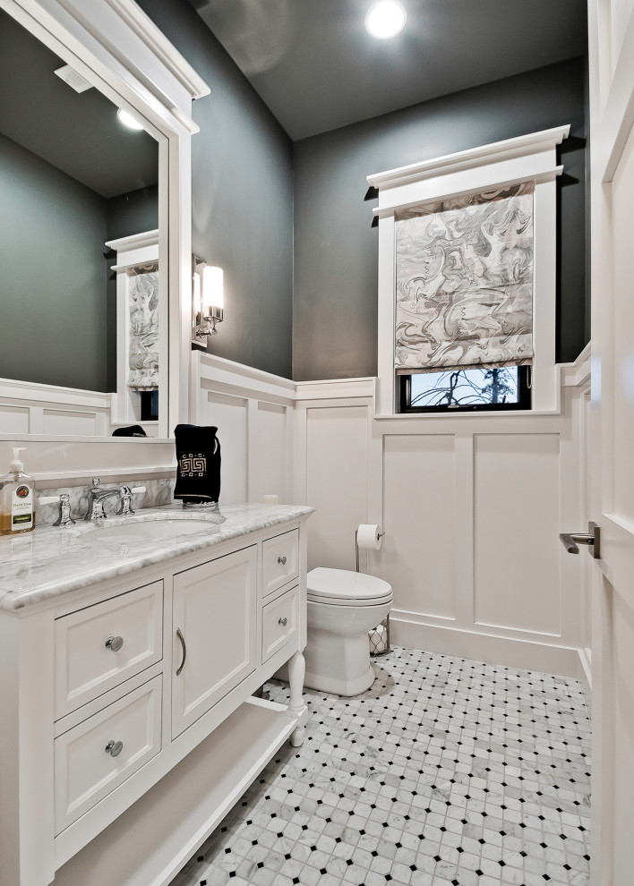 Mid-sized modern powder room in Other with recessed-panel cabinets, white cabinets, a two-piece toilet, white tile, porcelain tile, yellow walls, porcelain floors, an undermount sink, granite benchtops, multi-coloured floor and grey benchtops.