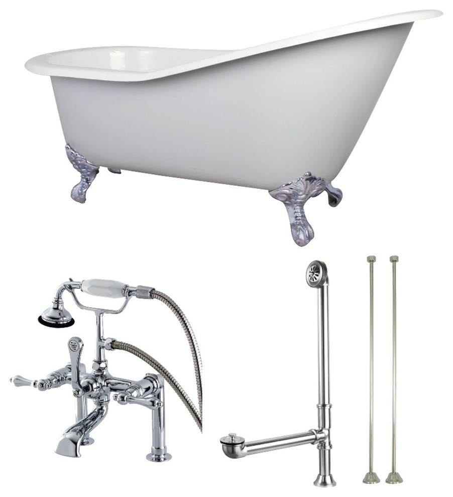 62" Clawfoot Tub Combo,Faucet & Supply Lines, White/Polished Chrome