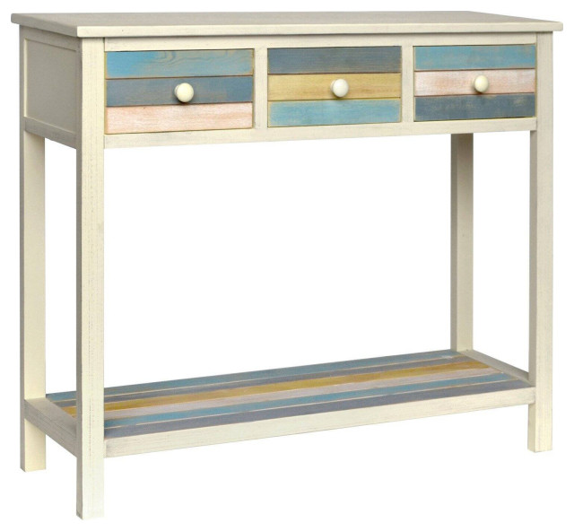Large Console Table, Weathered Cream Wooden Body & Multicolored Storage Drawers Beach Style