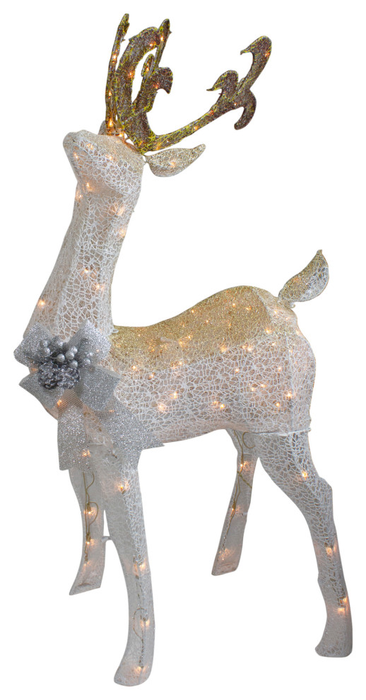 48" White and Gold Lighted Standing Buck Outdoor Christmas Decor