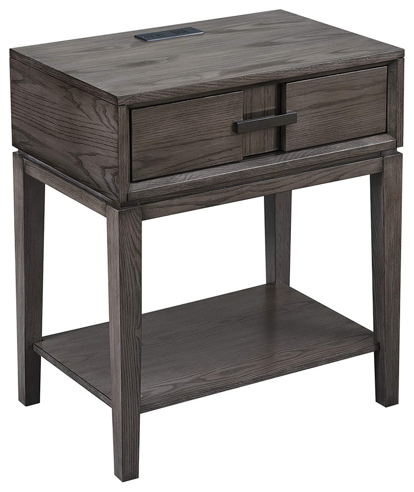 Contemporary Nightstand, Storage Drawer & Charging Station, Smoke Gray