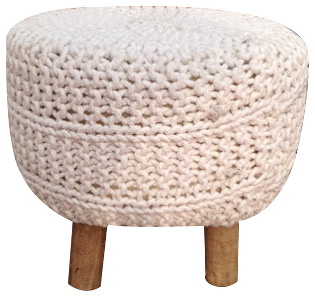 Macrame Ottoman, White - Eclectic - Footstools And Ottomans