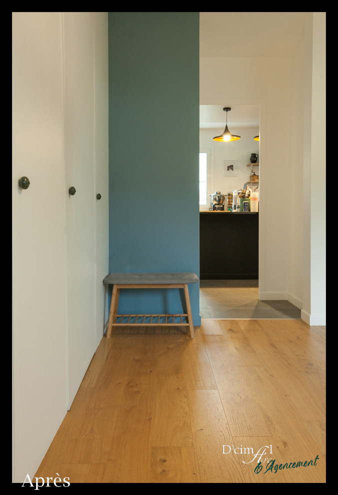 Großes Modernes Foyer mit blauer Wandfarbe, hellem Holzboden, Einzeltür und weißer Haustür in Paris