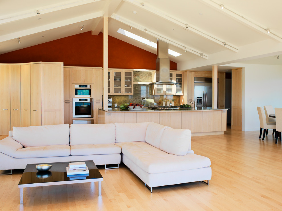 Design ideas for a contemporary open concept living room in San Francisco with red walls and light hardwood floors.