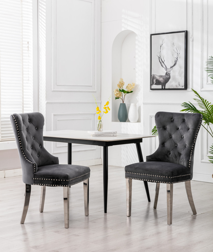 Home Beyond Tufted Velvet Wingback Dining Chairs Set of 2, Gray