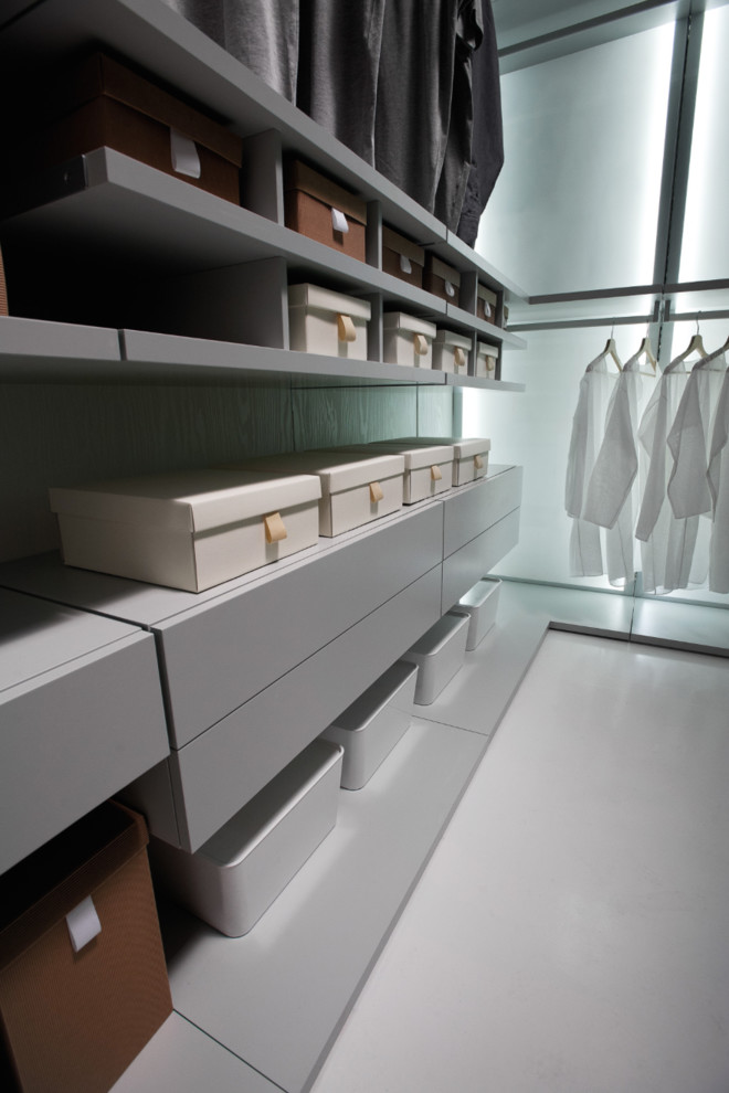 Large modern gender-neutral walk-in wardrobe in Los Angeles with flat-panel cabinets, grey cabinets and linoleum floors.
