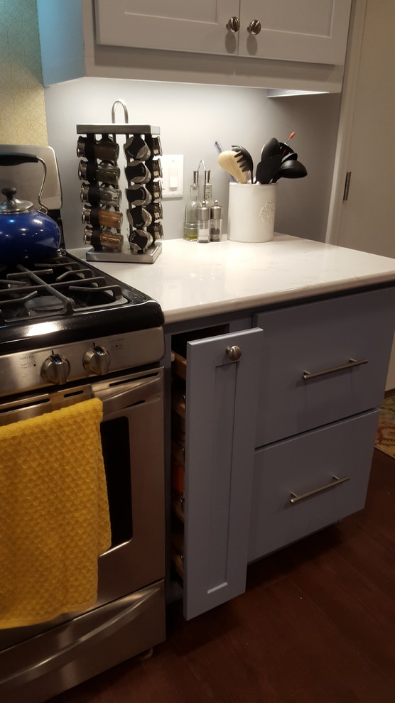 Enclosed kitchen - mid-sized transitional u-shaped vinyl floor enclosed kitchen idea with a farmhouse sink, recessed-panel cabinets, blue cabinets, quartz countertops, stainless steel appliances and a peninsula
