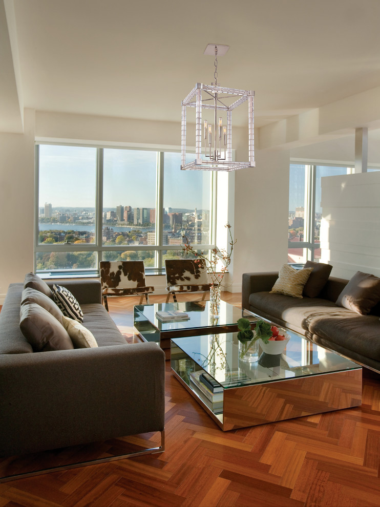 Mid-sized trendy formal and open concept dark wood floor living room photo in Chicago with white walls and no fireplace