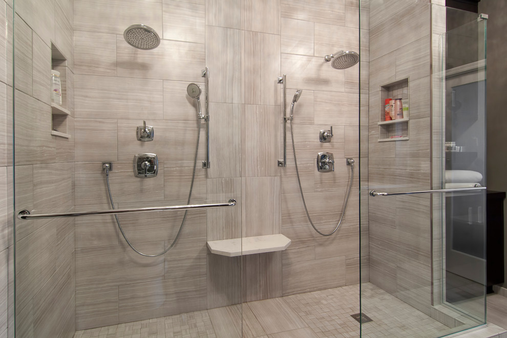 Large transitional master bathroom in Minneapolis with ceramic tile, ceramic floors, flat-panel cabinets, black cabinets, an alcove shower, a one-piece toilet, beige tile, grey walls, an undermount sink, engineered quartz benchtops, beige floor and white benchtops.