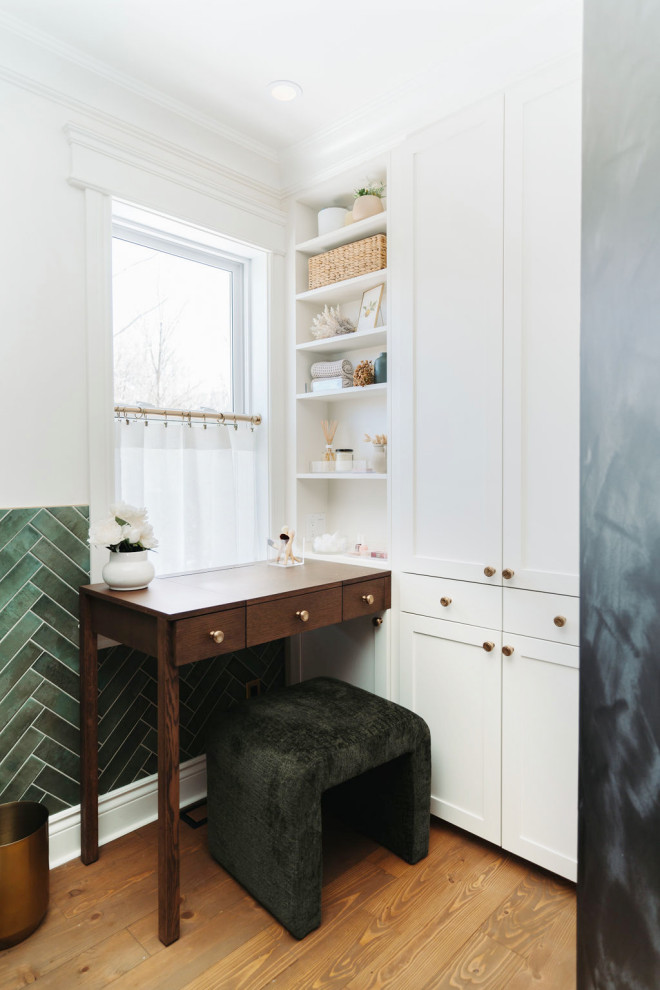 Large elegant master green tile and ceramic tile dark wood floor, brown floor and double-sink bathroom photo in Montreal with flat-panel cabinets, dark wood cabinets, a one-piece toilet, black walls, a vessel sink, white countertops, a niche and a freestanding vanity