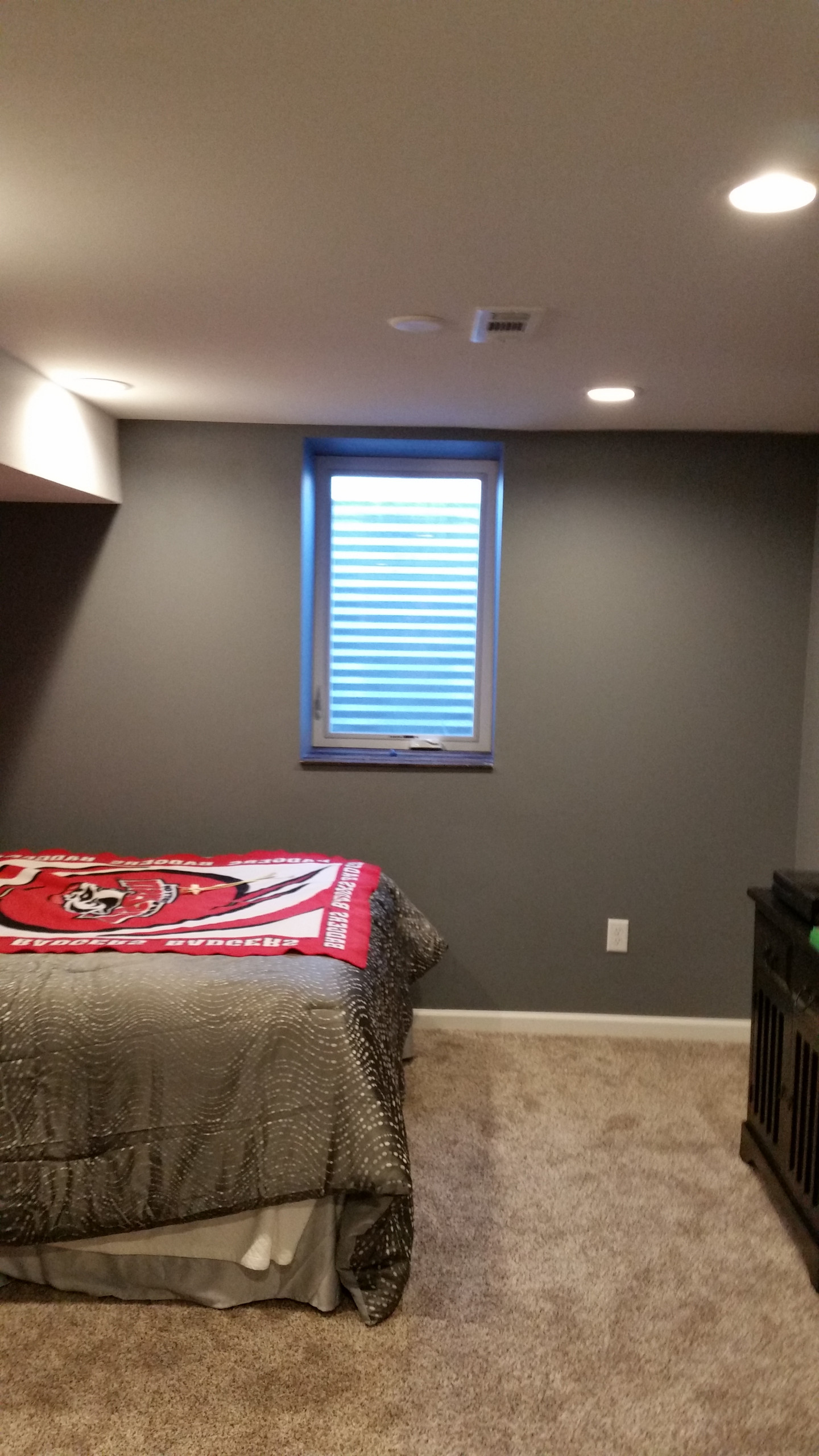 Basement rec room with custom bar and bedroom
