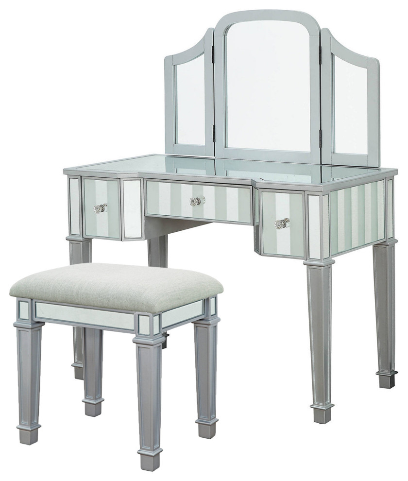 Wooden Frame Vanity Set with Stool and Mirror Panel Inserts, Silver