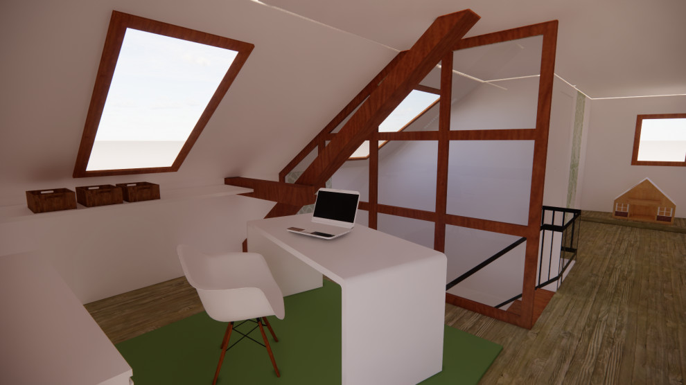 Idee per un ufficio contemporaneo di medie dimensioni con pareti bianche, parquet chiaro e pareti in legno