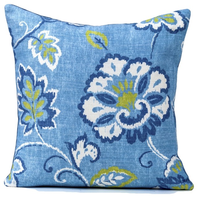 Floral designer pillow cover, Thibaut fabric, blue pillow cover, 16x16