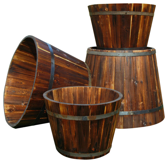 Round Tall Burnt Brown Cedar Barrel, Set of 4 Rustic Outdoor Pots