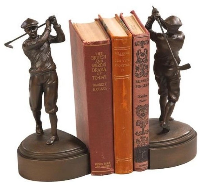Bookends Bookend GOLF Lodge Swinging Golfer Chocolate Brown Resin
