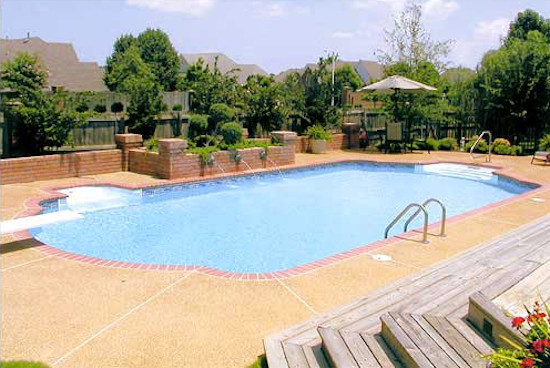 Example of a backyard stone and custom-shaped pool design
