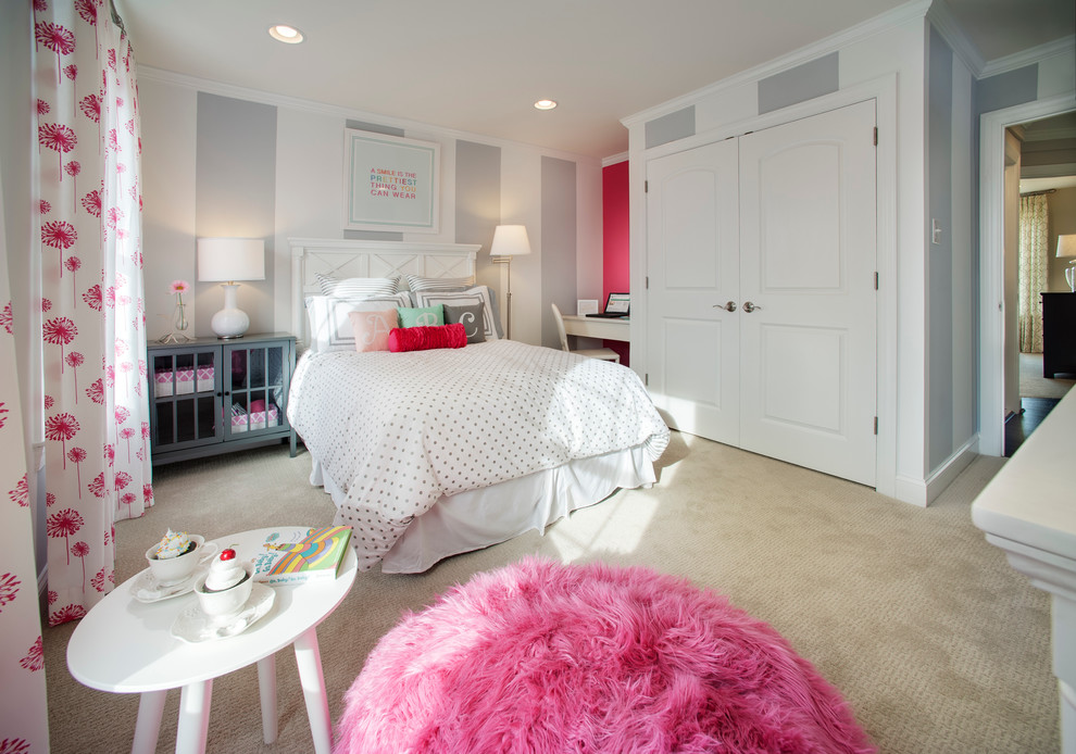 Design ideas for a mid-sized transitional kids' bedroom for kids 4-10 years old and girls in Philadelphia with multi-coloured walls, carpet and beige floor.