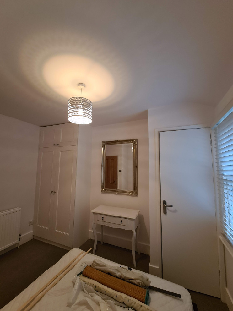 Idee per una camera degli ospiti classica di medie dimensioni con pareti bianche, moquette, nessun camino, pavimento beige e soffitto ribassato