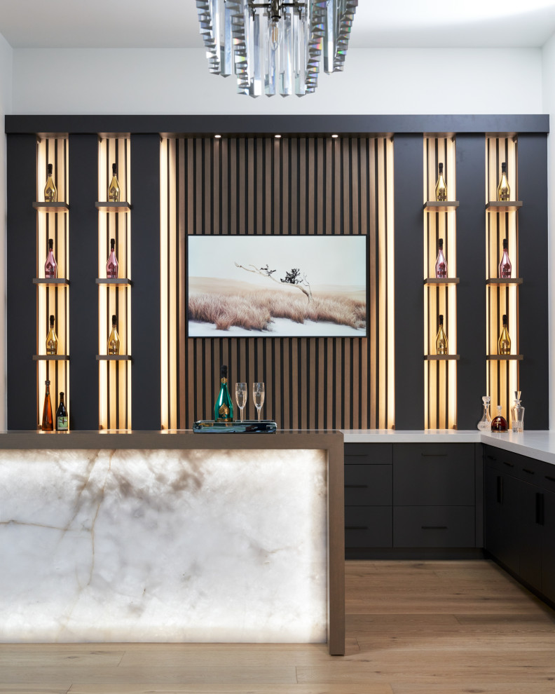 Ejemplo de bar en casa moderno con armarios con paneles lisos y puertas de armario negras