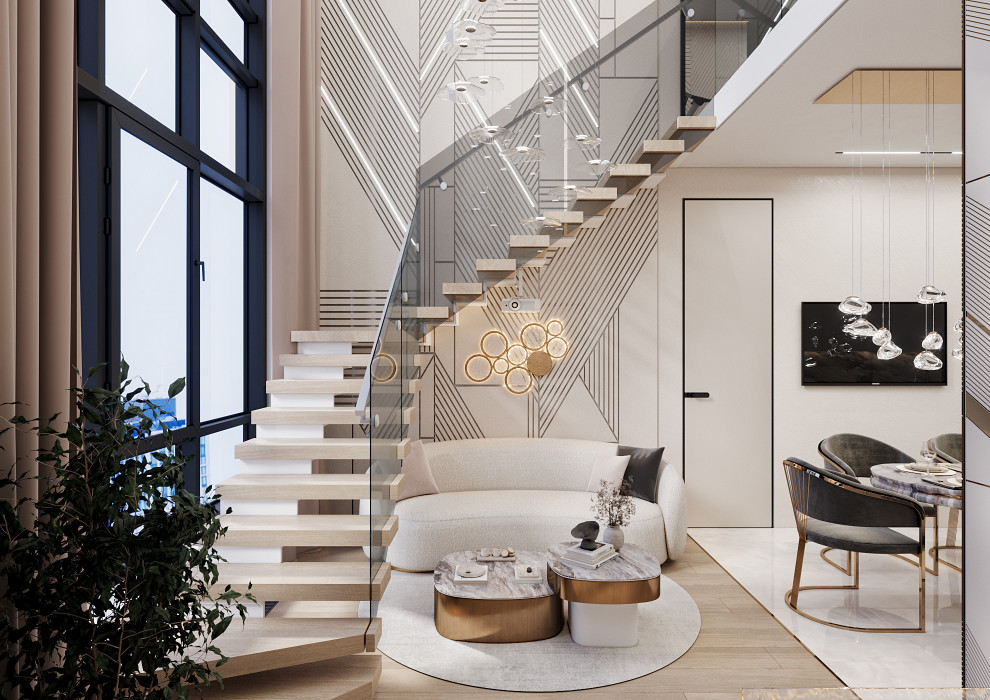 Дизайн кухни-гостиной в двухуровневой квартире в Москве